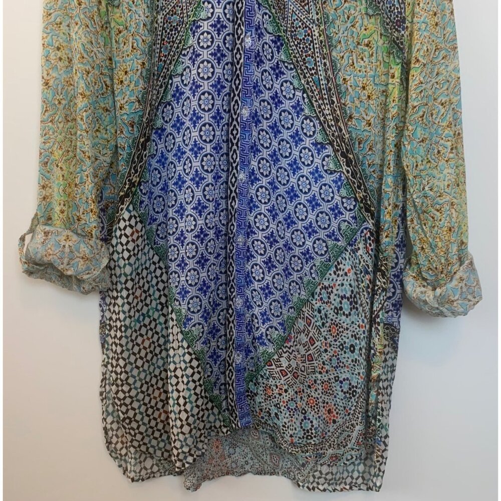 JAYSHREE DALAL Women's Tunic Colorful Mixed Pattern Roll Tab Sleeve Gems Sz L/XL - Picture 3 of 11